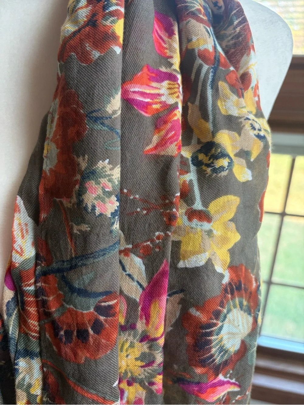 Talbots Floral Lightweight Women’s Scarf - Army Green with Pink, Yellow & Orange